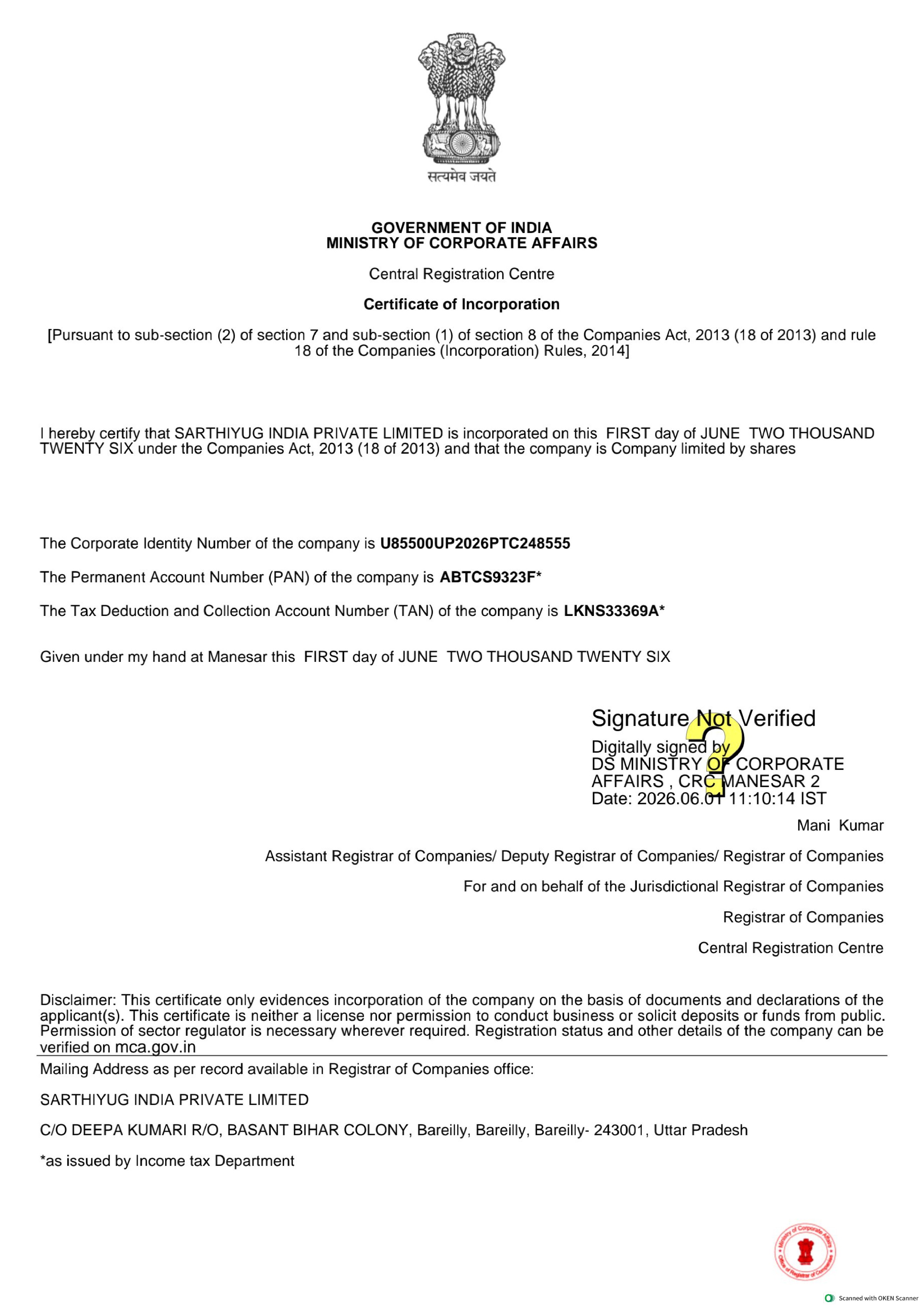 Certificate of Incorporation